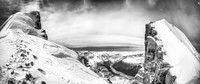From the col, looking up at North Twin (L) and the other team still descending Twins Tower (R).