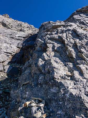 Looking up the loose and steep crux - much steeper than it appears here.