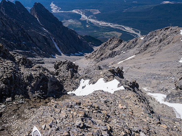 Above the snow arete now, climbing to the ridge and looking back down.