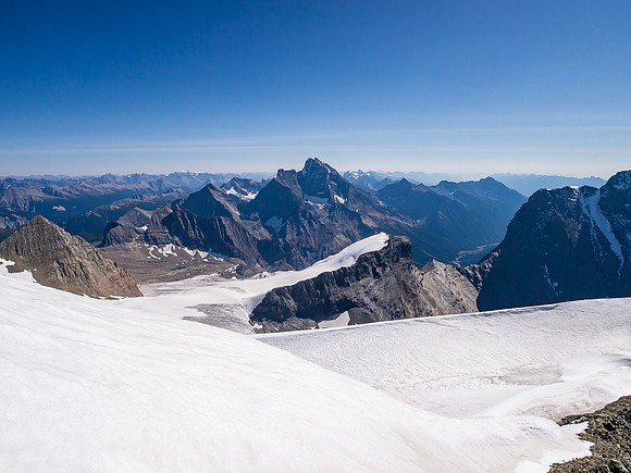 Looking over the Hanbury Glacier towards Goodsir Mountain.