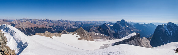 Looking over the Hanbury Glacier at the Goodsir Towers, Chancellor at right.