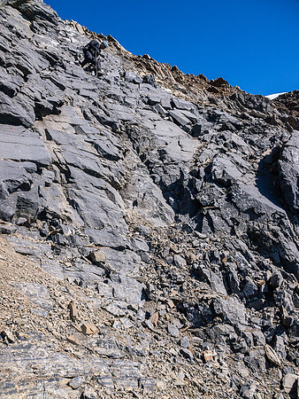 Loose and steep above the crux - you don't want a large summit party on Vaux.
