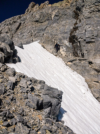 Looking from across the snow arete back towards the crux wall.