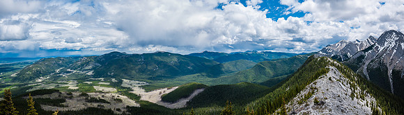 A view over some clear cuts to the east and along my descent ridge at right.
