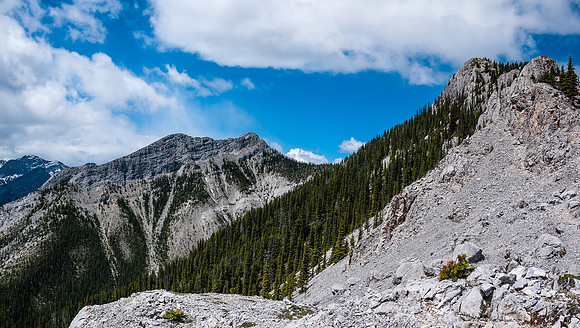 Descending to Baldy Pass, looking back at the ridge (R) and West Baldy (C).