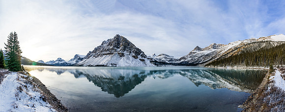 A wide panorama from about half way down the lake with my approach trail on the left, Crowfoot at center and the trail forwards at right.