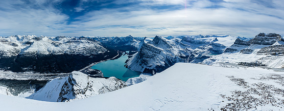 Looking south over the icefields parkway (L), Bow Lake and the Wapta (R).