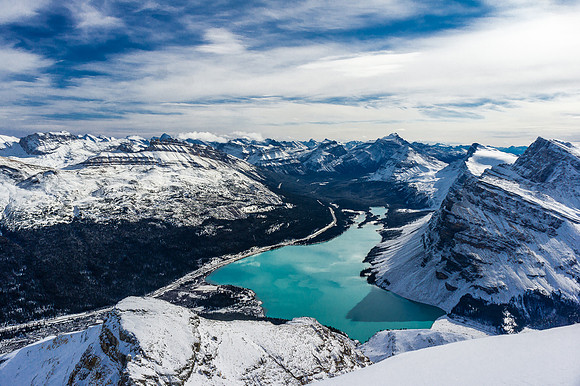 My favorite view of the day was over a still unfrozen Bow Lake looking south to Mount Hector and Bow Peak.