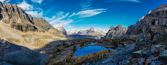 A panorama of the Moor Lakes (distance) and Hungabee Lake (closest) as I work my way up the headwall to Hungabee Lake.
