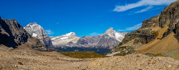Back under the Opabin Glacier, heading back to find the Yukness Ledge route, somewhere to the right.