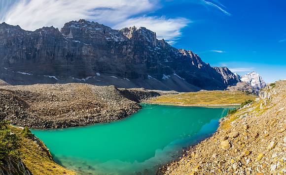 The stunning green color of Opabin Lake.