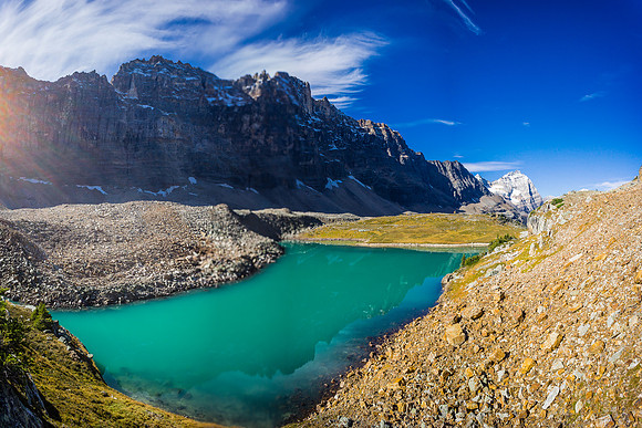 The stunning green color of Opabin Lake.