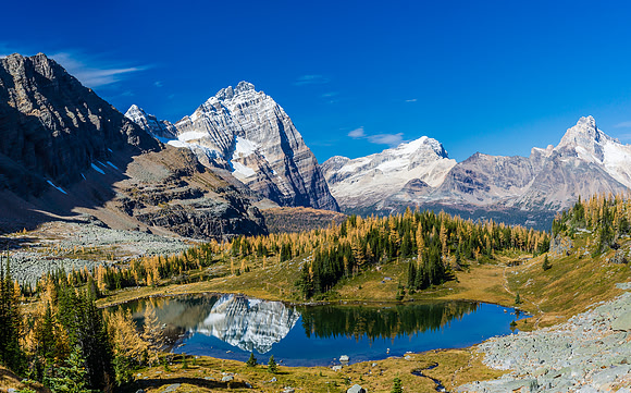 Hungabee Lake reflects Mount Odaray.