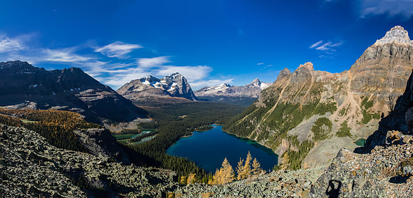 Lake O'Hara. Mount Huber towers above on the right. Tiny Yukness Lake is visible at lower right.