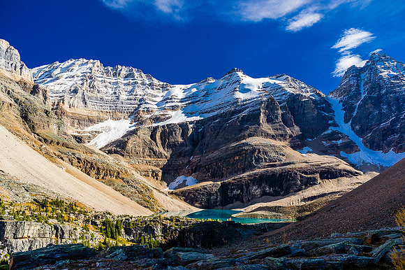 Descending from the Ledge Route to Lake Oesa with Lefroy (L), Glacier (C) and Ringrose (R) looming above.