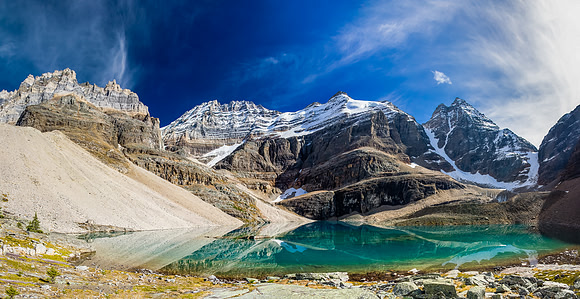 Lake Oesa with Victoria, Lefroy, Glacier and Ringrose (L to R) rising above.