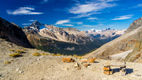 View from the col, looking down the approach valley with Cathedral at left and the Sherbrooke Lake area in the far distance.