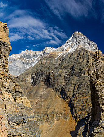 Looking back at the Huber Ledges with Mount Huber looming impressively above.