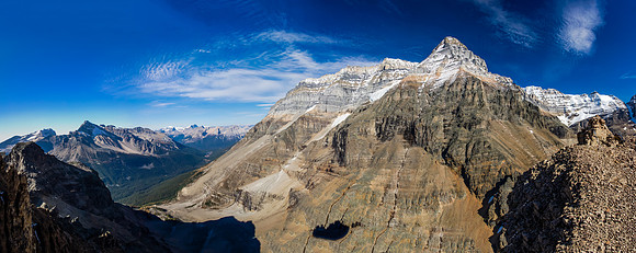 A panorama near the east summit (on far right) showing the entire Huber Ledge traverse with Victoria - North Summit and Huber looming above.