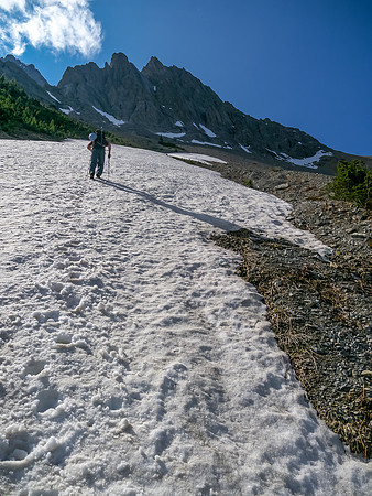 Using thin lines of snow helped us immensely on the lower part of the scramble.