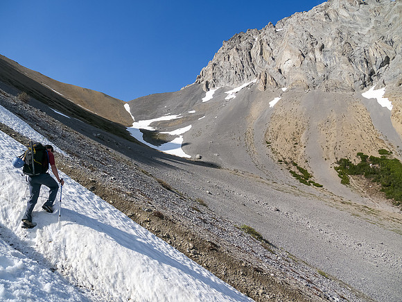 Using thin lines of snow helped us immensely on the lower part of the scramble.