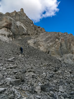 We went up here a little ways and then turned climber's left to gain the high col just below the summit ridge.