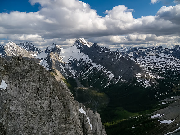 More exposure off the scramble, looking over South Burstall Pass at far center right.