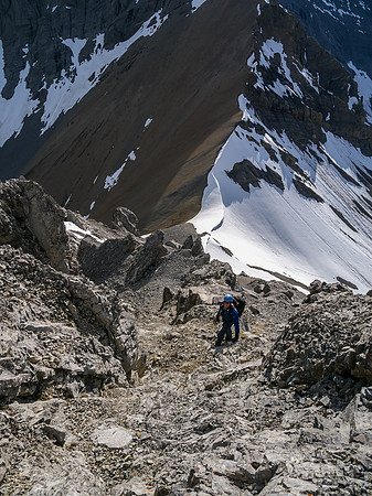 The only real scrambling is a moderate series of loose scree on ledges.