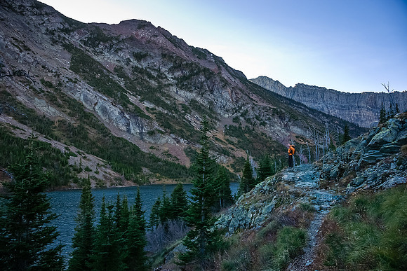 Wietse surveys Bertha Lake as we make our way around it to our ascent route.