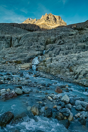 Peyto Peak looms above a raging Peyto Creek that isn't as easy to cross as you'd think!