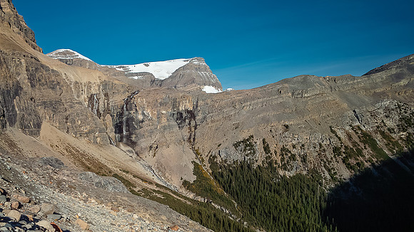 Mistaya peeks out over the Caldron Falls in this view from the moraine.