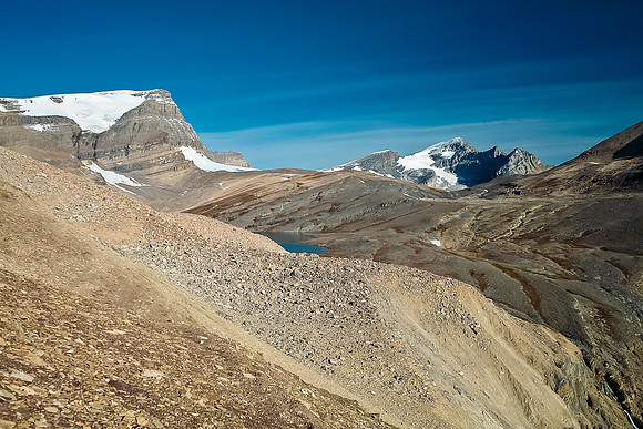 Finishing up the exposed traverse to Caldron Lake - Mistaya on the left and Caldron out of sight at upper right.