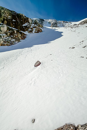 Starting up the large snow gully.