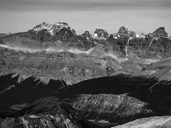 The Murchison Group towers over Bison Peak. The main summit is the 2nd from the left. Hall Tower at right.