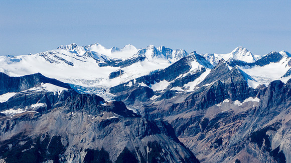 The Mummery Icefield summits include (L to R), Lambe Glacier, Lambe, Barnard, Bulyea, Walker, Prior, Pilkington, Solitaire.