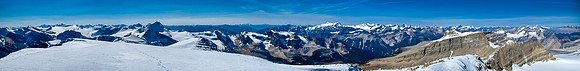Another pano, but looking west with the Mummery Group at center, Wapta on the left and Lyells on the right.