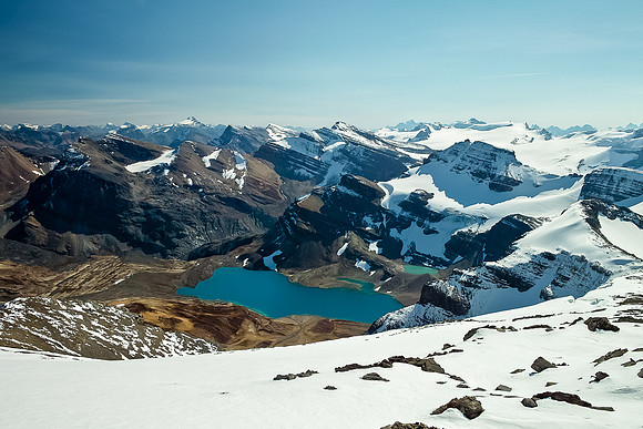 Caldron Lake with Thompson, Peyto and Wapta Icefield beyond.