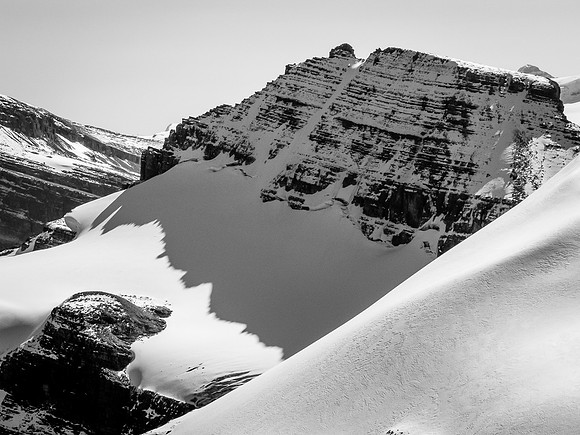 Peyto Peak isn't an easy climb like most of the Wapta peaks. The tower is ascended via a low 5th class chimney on this side