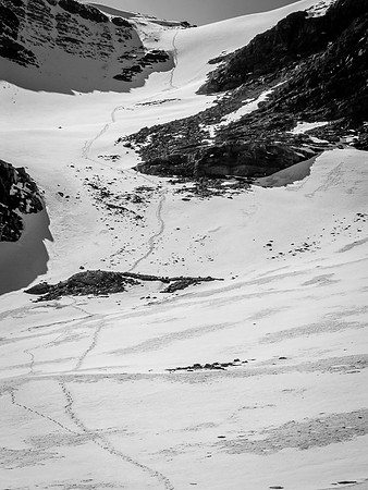 Looking back at the access gully as we work our way to Caldron Peak.