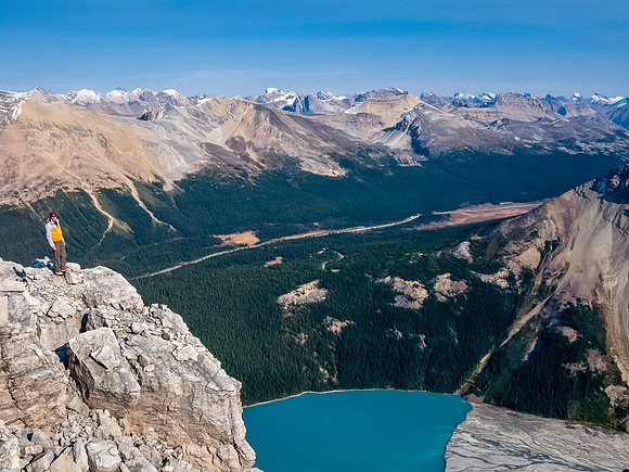 A great shot of Raf with Peyto Lake far below.