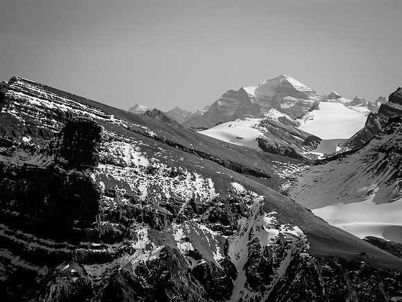 Mount Temple shows up through Crowfoot Pass - Bow Peak rising to the left.