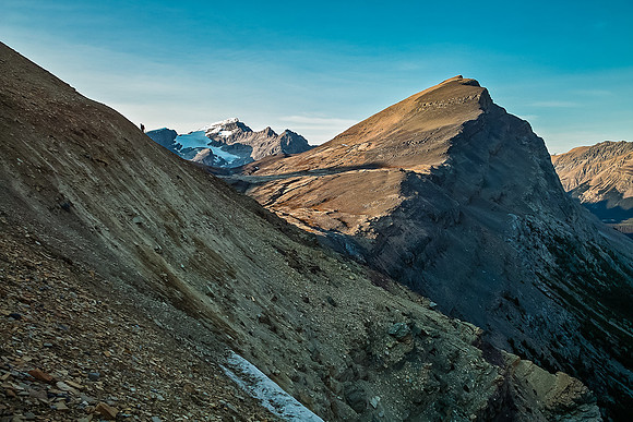Looking back at Caldron Lake (L) and Peak (R) as we traverse back to the Peyto Glacier moraine.