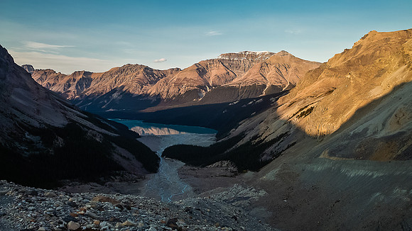Looking down the moraine towards Peyto Lake - note the setting sun!