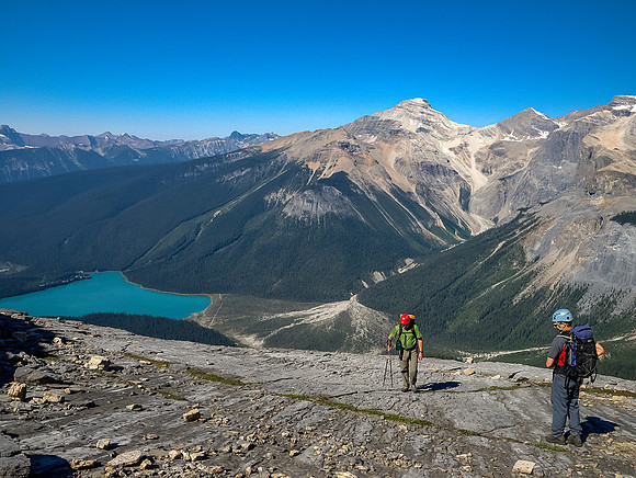 Taking a break after the first cliff band, Emerald Lake far below and Carnarvon rising out of sight at upper right.