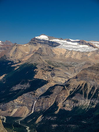 Takkakkaw Falls at lower left and the mighty Mount Balfour - king of the Wapta - looming above Trolltinder.