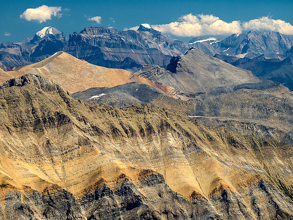 Looking into the Skoki area at Douglas (L) and St. Bride (C) the snowy peaks.