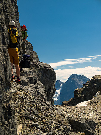 Looking back at the other guys negotiating the 'gap' in the ledge that occurs if you walk past the Kane crux route.