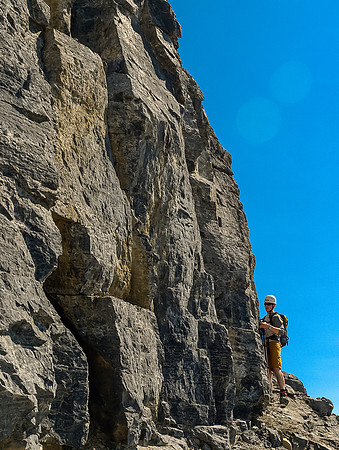 Looking back at JW on the ledge we used to access an easier line to the upper ridge.