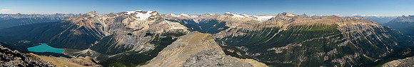Emerald Lake at left then, Carnarvon, President and Vice President, Des Poilus, Collie, Yoho, Baker, Rhondda, Gordon, Balfour, Niles, Daly, Hector, Ogden, Bosworth, Divide, Niblock and Whyte at distan