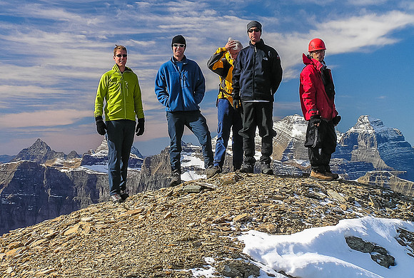 The group poses on top of Mount Alderson. From left to right, Vern, Frank, Bob, Kelly and Eric.